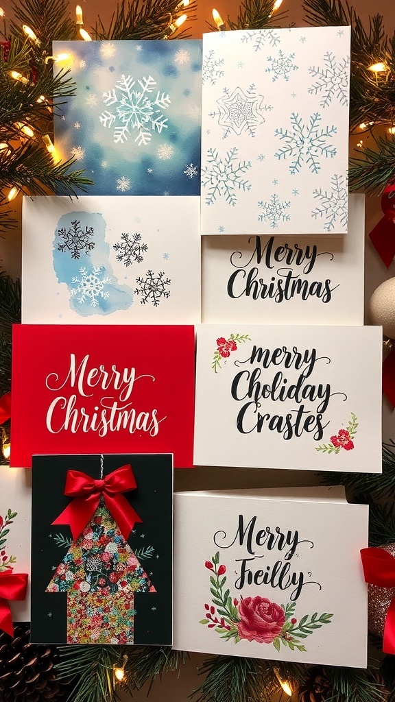 A collection of handmade Christmas cards with watercolor art, calligraphy, and festive decorations.